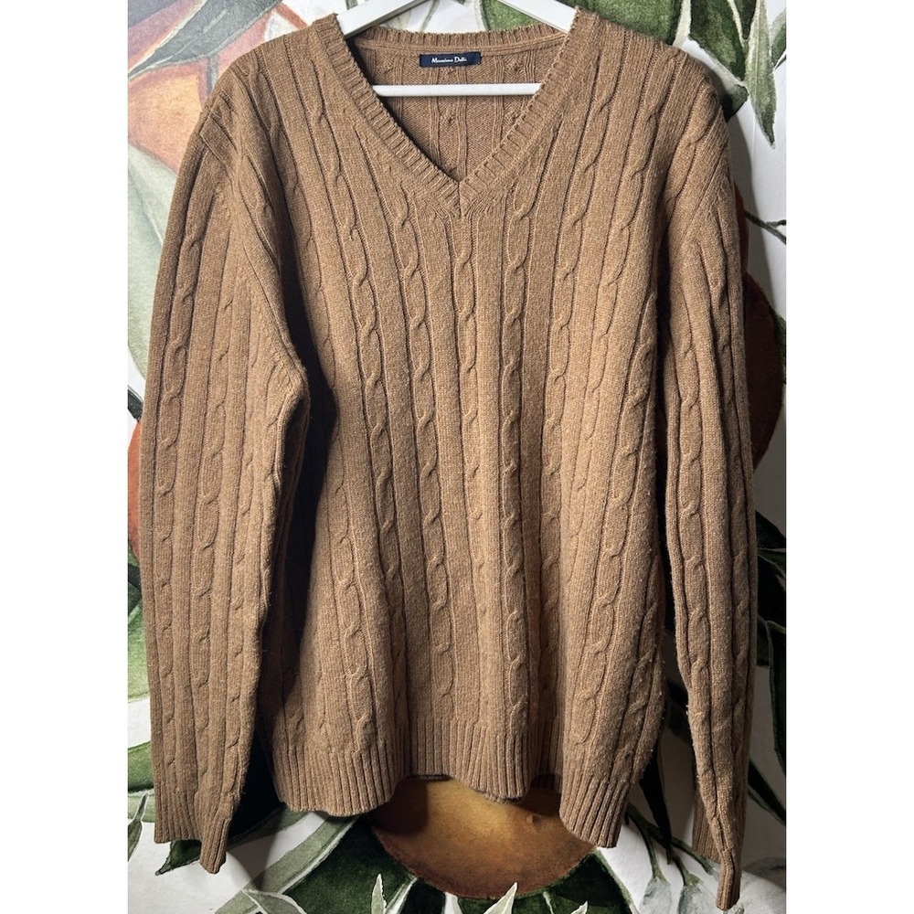 Massimo Dutti Mens XL V Neck Cable Knit Wool Blend Pullover Sweater tan Brown